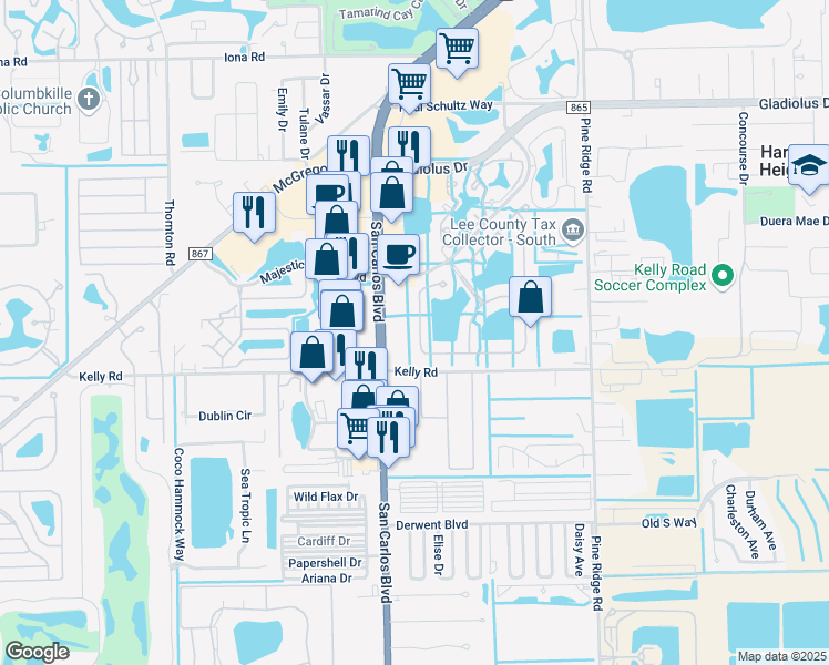 map of restaurants, bars, coffee shops, grocery stores, and more near 15773 Beachcomber Avenue in Fort Myers