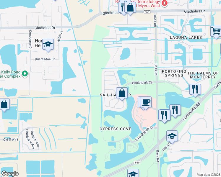 map of restaurants, bars, coffee shops, grocery stores, and more near 9814 Quinta Artesa Way in Fort Myers