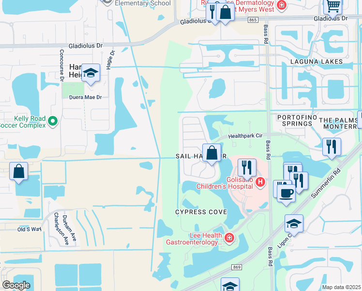 map of restaurants, bars, coffee shops, grocery stores, and more near 16098 Via Solera Circle in Fort Myers