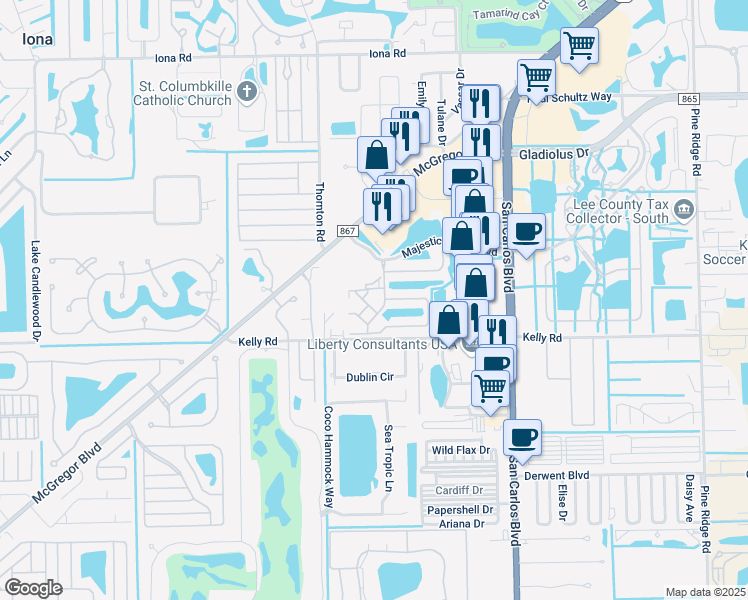 map of restaurants, bars, coffee shops, grocery stores, and more near 11700 Pasetto Lane in Fort Myers