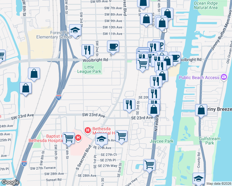 map of restaurants, bars, coffee shops, grocery stores, and more near 2019 South Seacrest Boulevard in Boynton Beach