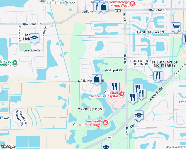 map of restaurants, bars, coffee shops, grocery stores, and more near 16010 Via Solera Circle in Fort Myers