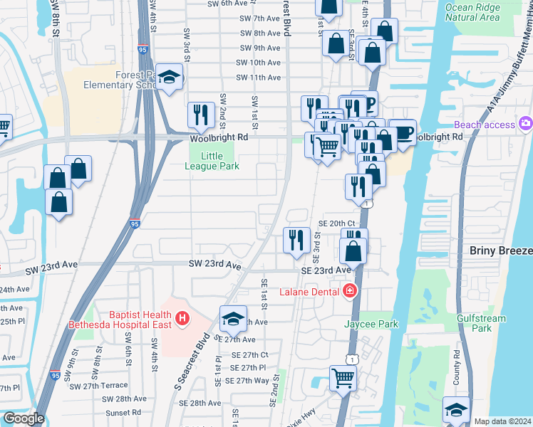 map of restaurants, bars, coffee shops, grocery stores, and more near 2015 South Seacrest Boulevard in Boynton Beach