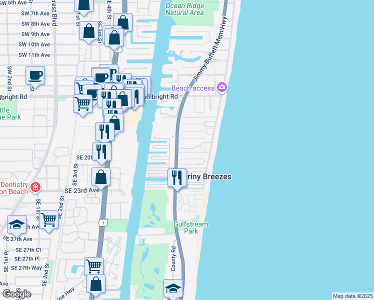 map of restaurants, bars, coffee shops, grocery stores, and more near 11 Tropical Drive in Boynton Beach