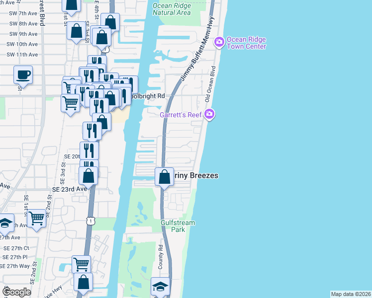 map of restaurants, bars, coffee shops, grocery stores, and more near 21 Tropical Drive in Ocean Ridge