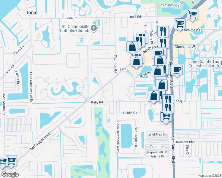 map of restaurants, bars, coffee shops, grocery stores, and more near 15980 Mandolin Bay Drive in Fort Myers