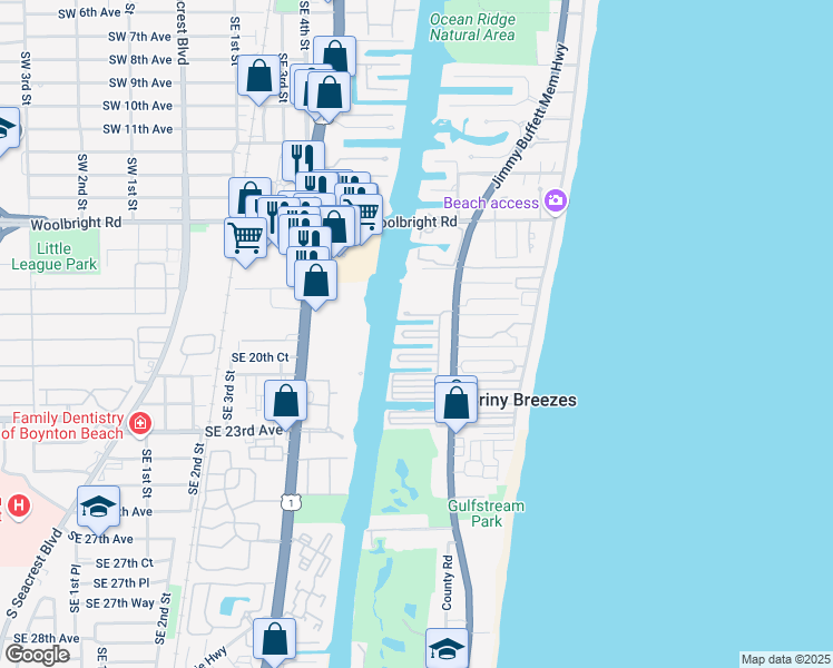 map of restaurants, bars, coffee shops, grocery stores, and more near T-207 North Ibis Drive in Briny Breezes