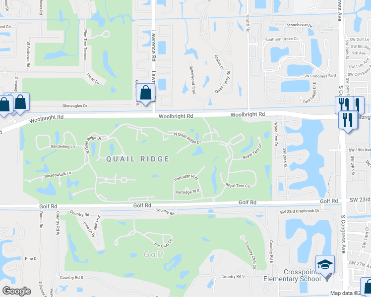 map of restaurants, bars, coffee shops, grocery stores, and more near 3800 North Quail Ridge Drive in Boynton Beach
