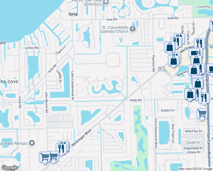 map of restaurants, bars, coffee shops, grocery stores, and more near 15852 Silverado Court in Fort Myers