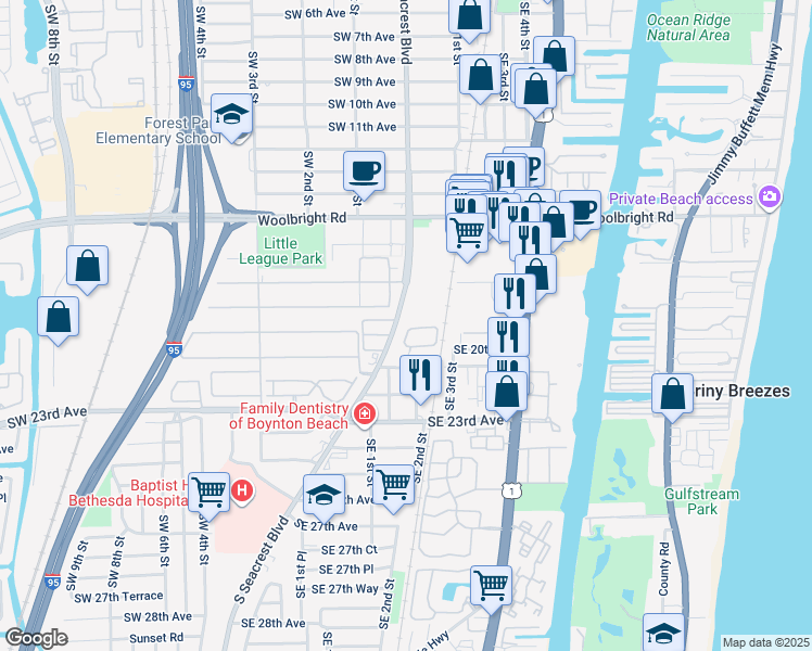 map of restaurants, bars, coffee shops, grocery stores, and more near 191 Southeast 1st Circle in Boynton Beach