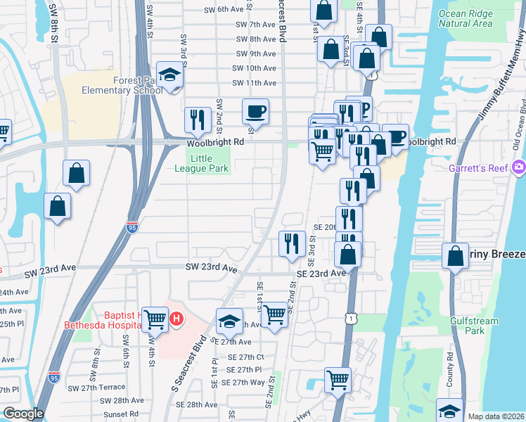 map of restaurants, bars, coffee shops, grocery stores, and more near 2019 South Seacrest Boulevard in Boynton Beach