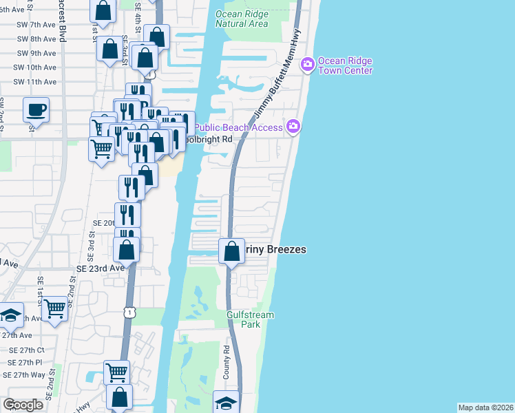 map of restaurants, bars, coffee shops, grocery stores, and more near 5109 North Ocean Boulevard in Ocean Ridge