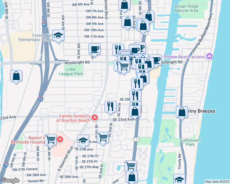 map of restaurants, bars, coffee shops, grocery stores, and more near 237 Southeast 1st Circle in Boynton Beach