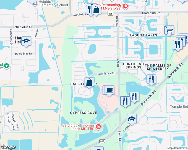map of restaurants, bars, coffee shops, grocery stores, and more near 9461 Healthpark Circle in Fort Myers