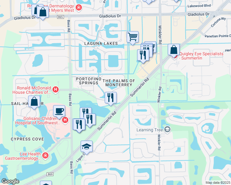 map of restaurants, bars, coffee shops, grocery stores, and more near 15761 Sonoma Drive in Fort Myers