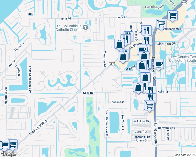 map of restaurants, bars, coffee shops, grocery stores, and more near 15841 Chance Way in Fort Myers