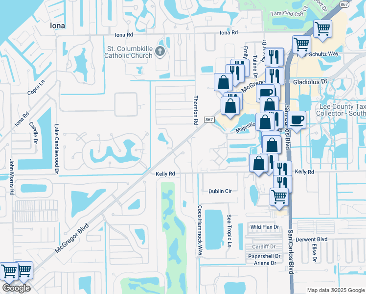 map of restaurants, bars, coffee shops, grocery stores, and more near 15841 Chance Way in Fort Myers