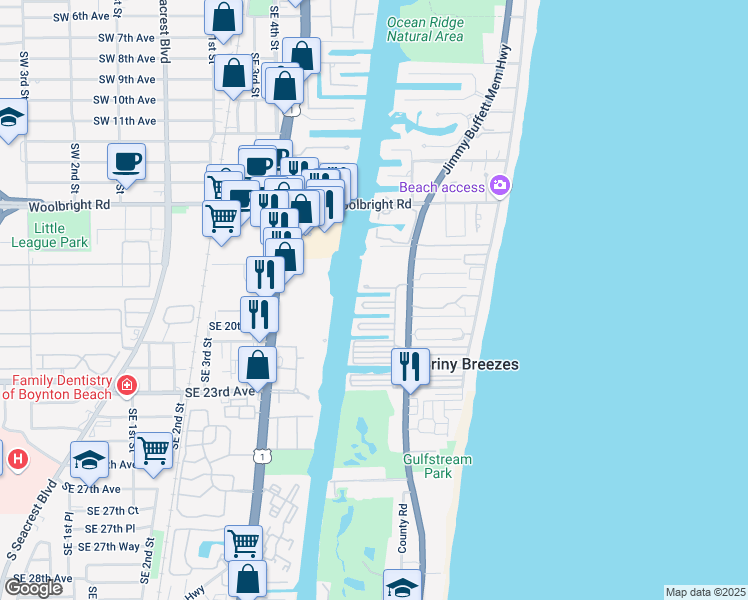 map of restaurants, bars, coffee shops, grocery stores, and more near T-207 North Ibis Drive in Briny Breezes