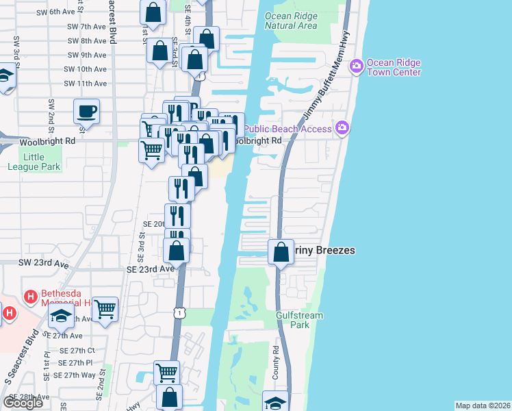 map of restaurants, bars, coffee shops, grocery stores, and more near T-207 North Ibis Drive in Briny Breezes