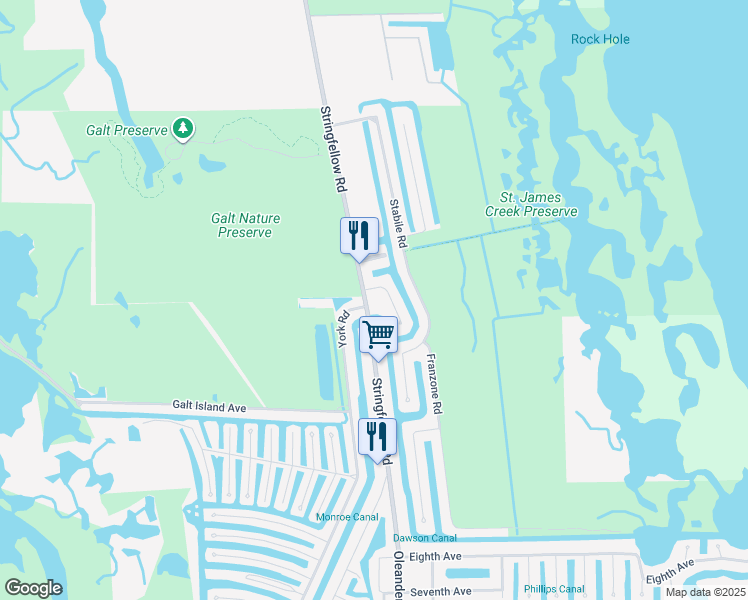 map of restaurants, bars, coffee shops, grocery stores, and more near 3500 Stringfellow Road in Saint James City