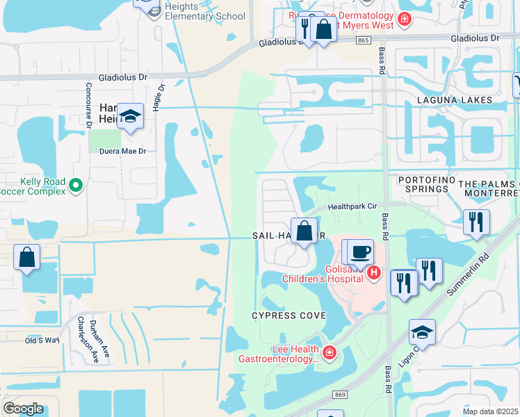 map of restaurants, bars, coffee shops, grocery stores, and more near 16098 Via Solera Circle in Fort Myers