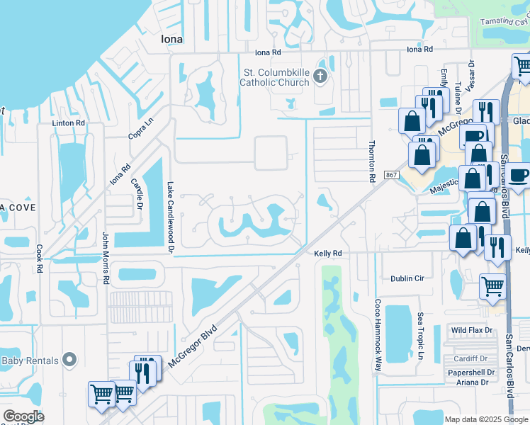 map of restaurants, bars, coffee shops, grocery stores, and more near 15853 Silverado Court in Fort Myers