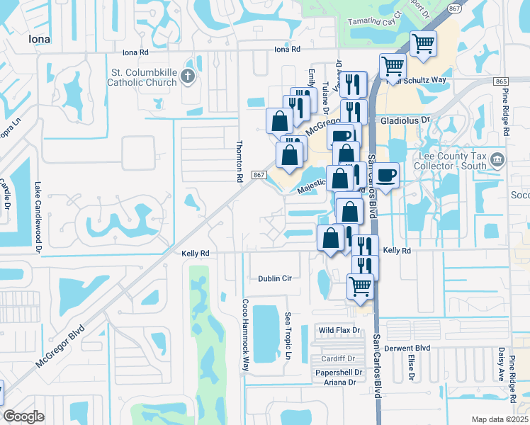 map of restaurants, bars, coffee shops, grocery stores, and more near 15785 McGregor Boulevard in Fort Myers