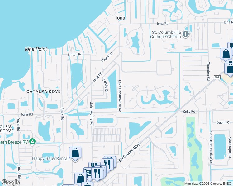 map of restaurants, bars, coffee shops, grocery stores, and more near 15740 Lake Candlewood Drive in Fort Myers