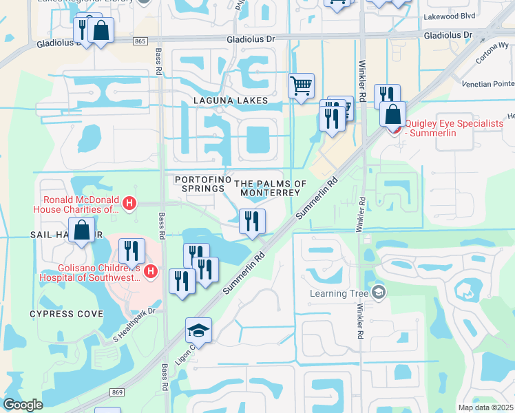 map of restaurants, bars, coffee shops, grocery stores, and more near Sonoma Drive in Fort Myers