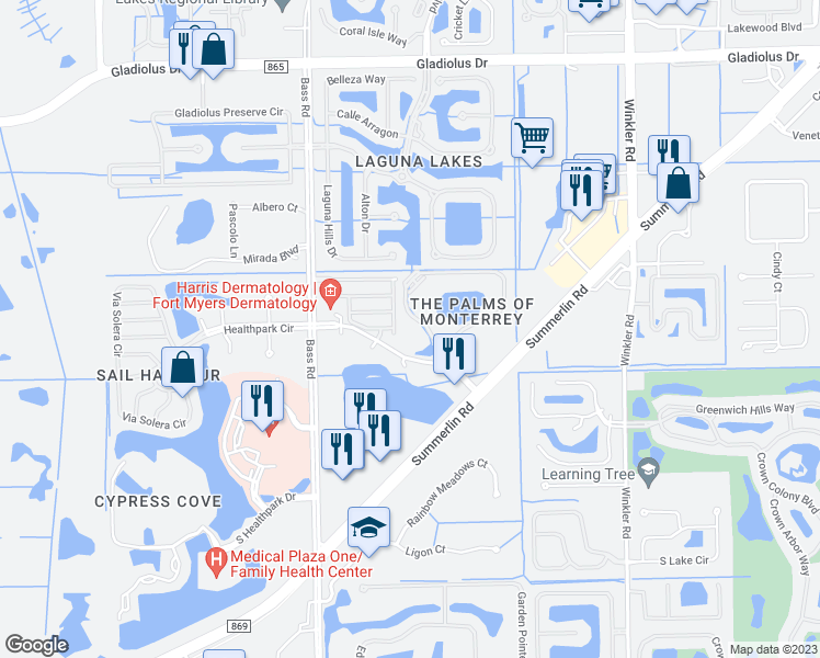 map of restaurants, bars, coffee shops, grocery stores, and more near 15241 Sonoma Drive in Fort Myers