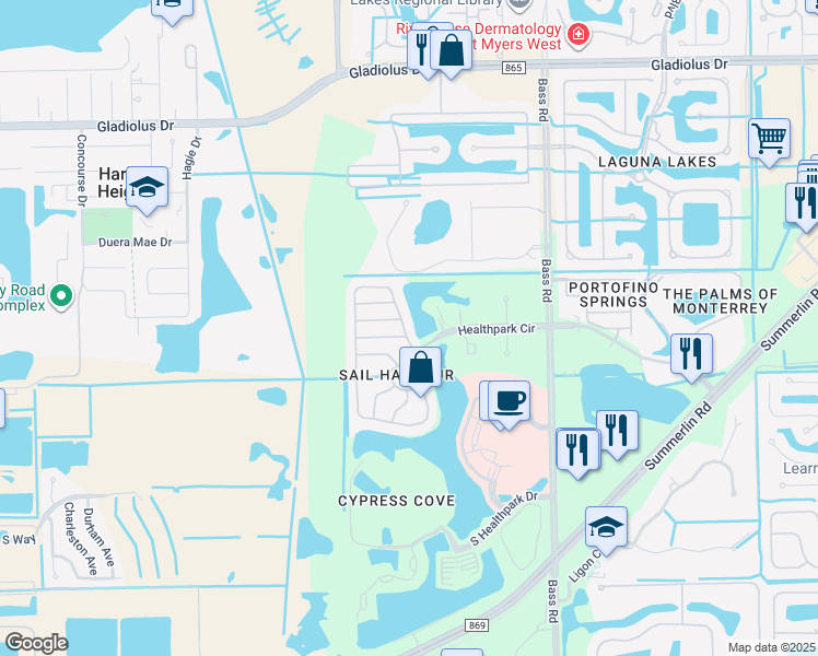 map of restaurants, bars, coffee shops, grocery stores, and more near 16010 Via Solera Circle in Fort Myers