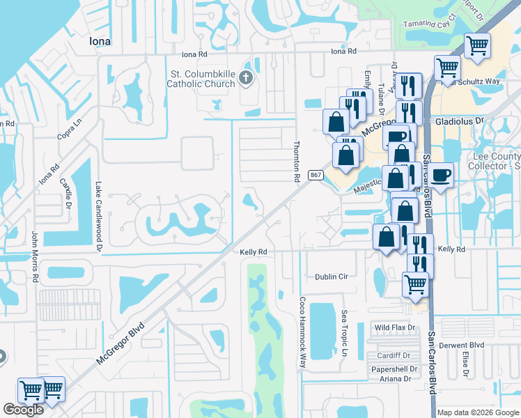 map of restaurants, bars, coffee shops, grocery stores, and more near 15751 Windward Way Circle in Fort Myers