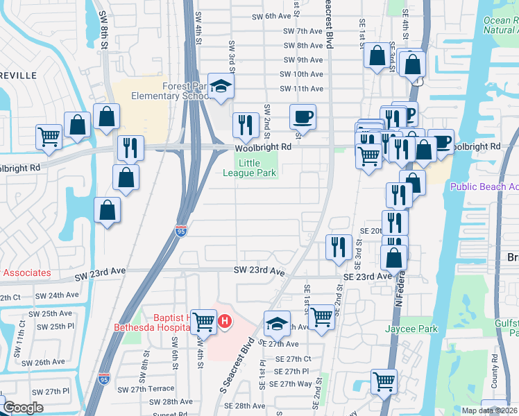 map of restaurants, bars, coffee shops, grocery stores, and more near 190 South Boulevard in Boynton Beach