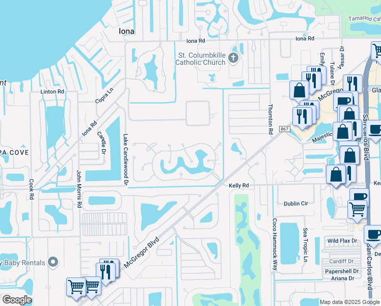 map of restaurants, bars, coffee shops, grocery stores, and more near 15853 Silverado Court in Fort Myers