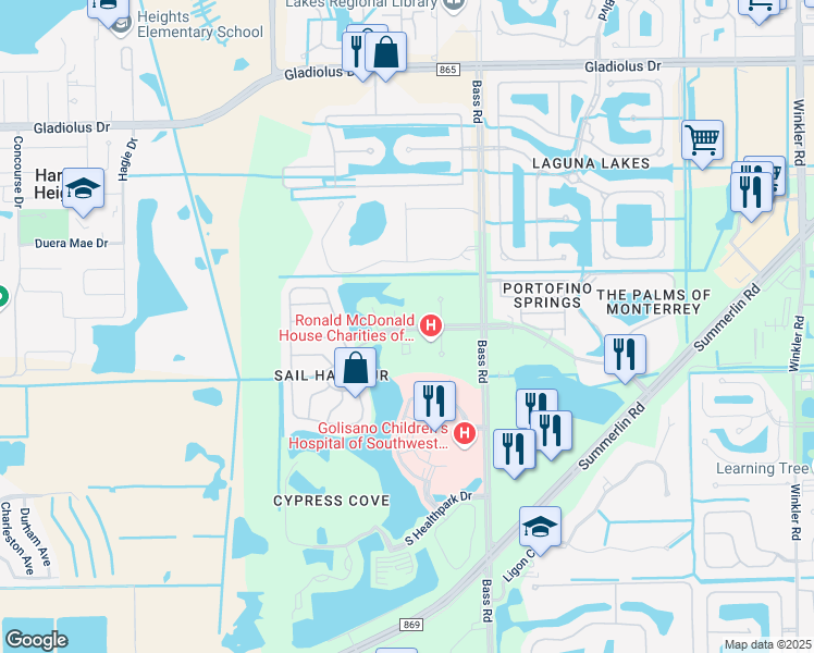 map of restaurants, bars, coffee shops, grocery stores, and more near 9700 Healthpark Circle in Fort Myers