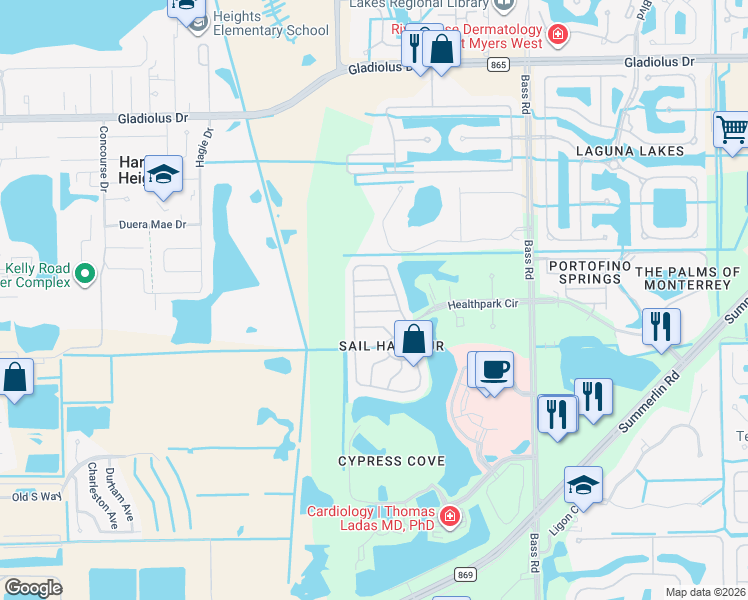 map of restaurants, bars, coffee shops, grocery stores, and more near 9809 Boraso Way in Fort Myers