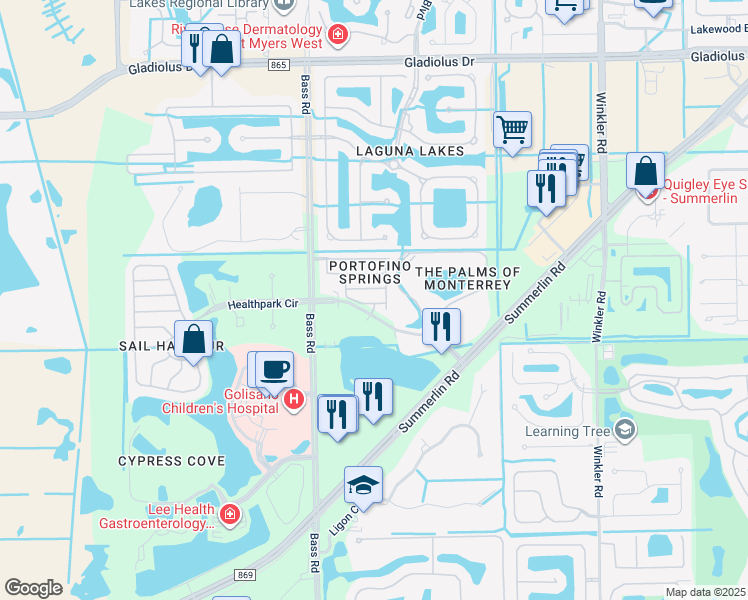 map of restaurants, bars, coffee shops, grocery stores, and more near 15755 Portofino Springs Boulevard in Fort Myers