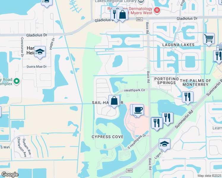 map of restaurants, bars, coffee shops, grocery stores, and more near 16010 Via Solera Circle in Fort Myers