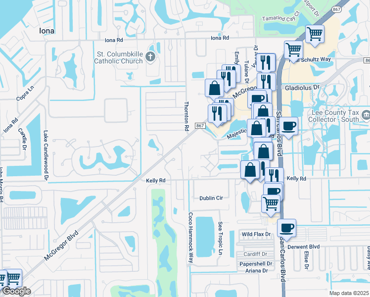 map of restaurants, bars, coffee shops, grocery stores, and more near 15841 Chance Way in Fort Myers
