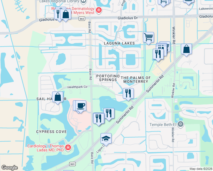 map of restaurants, bars, coffee shops, grocery stores, and more near 15755 Portofino Springs Boulevard in Fort Myers