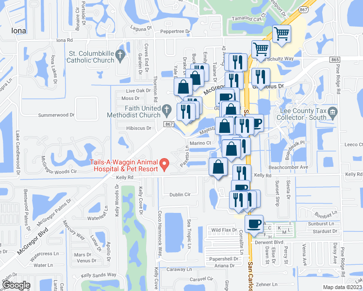 map of restaurants, bars, coffee shops, grocery stores, and more near in Fort Myers