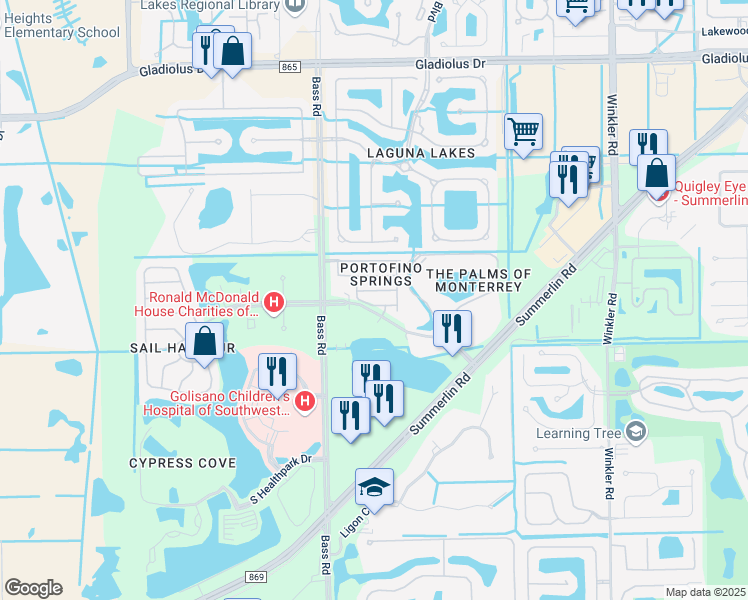 map of restaurants, bars, coffee shops, grocery stores, and more near 15755 Portofino Springs Boulevard in Fort Myers