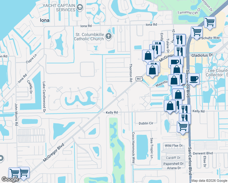 map of restaurants, bars, coffee shops, grocery stores, and more near 15751 Windward Way Circle in Fort Myers