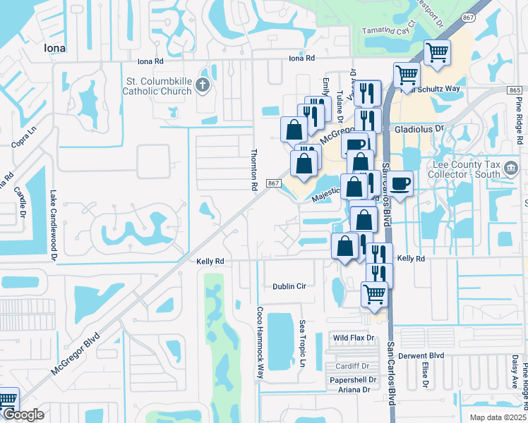map of restaurants, bars, coffee shops, grocery stores, and more near 15785 McGregor Boulevard in Fort Myers