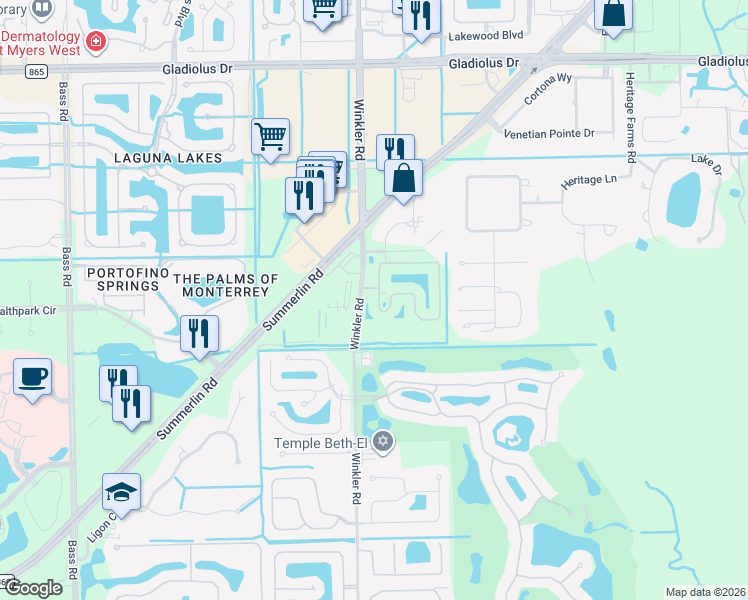 map of restaurants, bars, coffee shops, grocery stores, and more near 15961 Winkler Road in Fort Myers