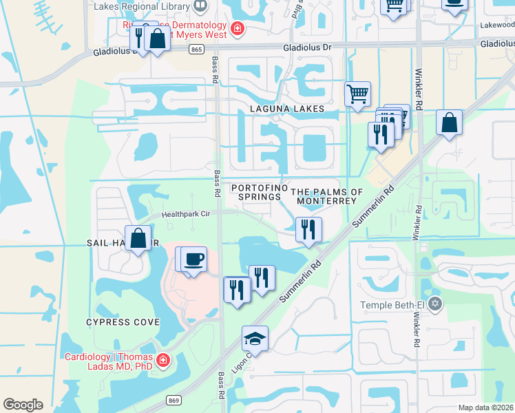 map of restaurants, bars, coffee shops, grocery stores, and more near 15755 Portofino Springs Boulevard in Fort Myers