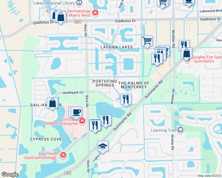 map of restaurants, bars, coffee shops, grocery stores, and more near 15241 Sonoma Drive in Fort Myers
