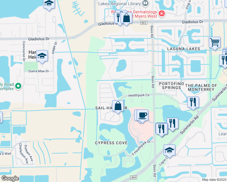 map of restaurants, bars, coffee shops, grocery stores, and more near 16010 Via Solera Circle in Fort Myers