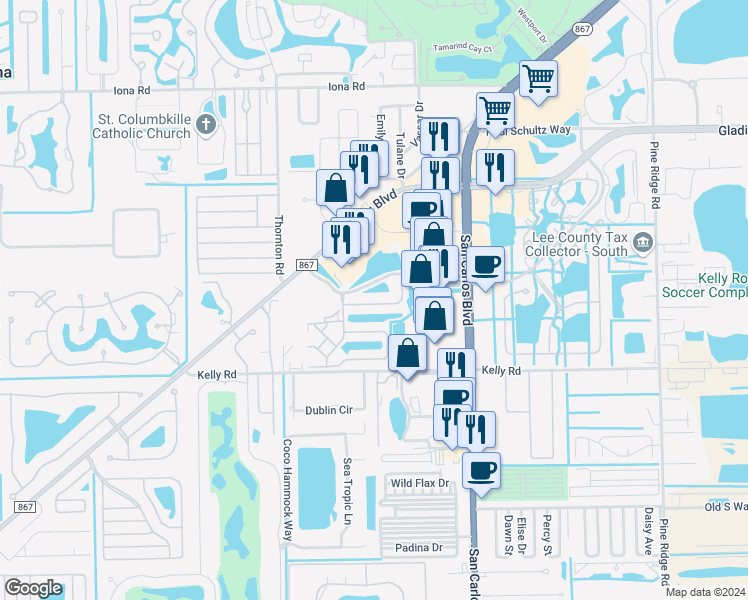 map of restaurants, bars, coffee shops, grocery stores, and more near 11610 Marino Court in Fort Myers