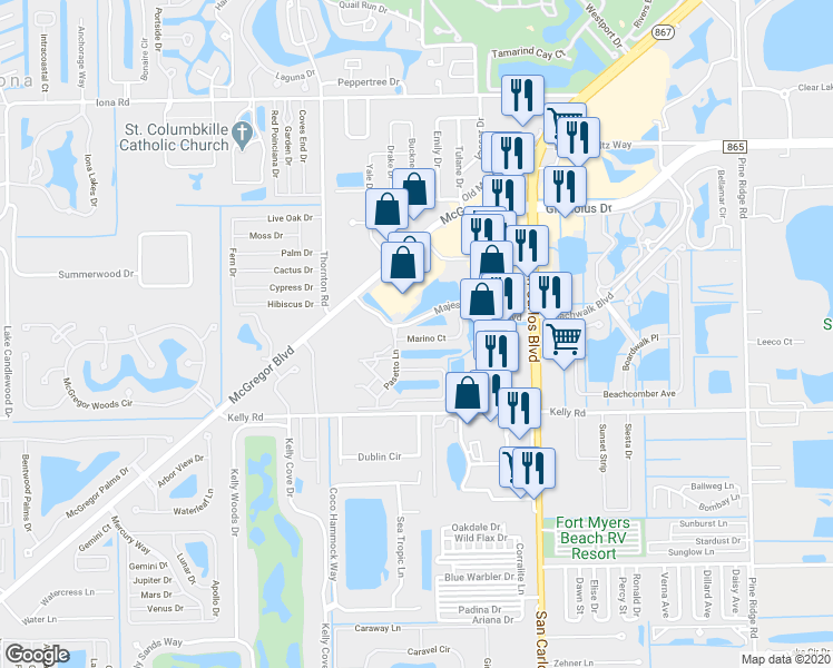 map of restaurants, bars, coffee shops, grocery stores, and more near 11610 Marino Court in Fort Myers